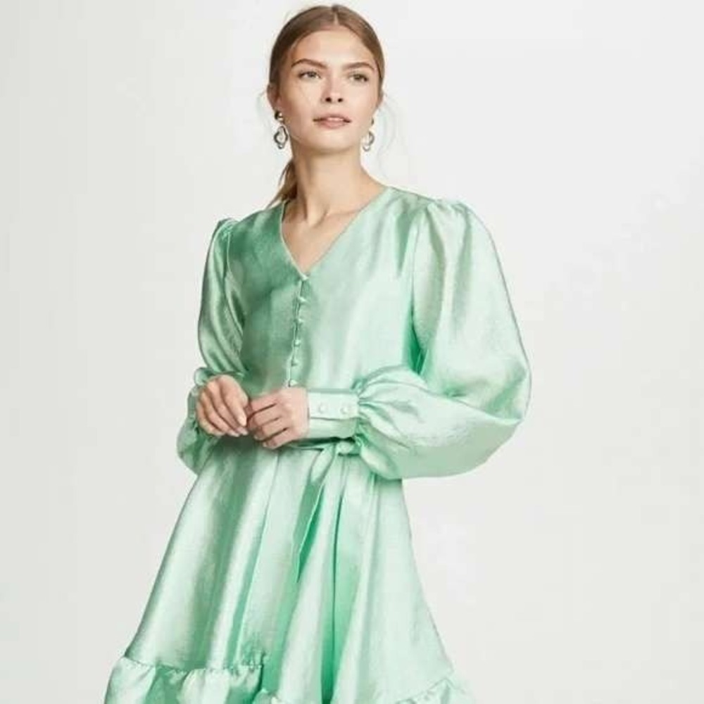 Stine Goya Farrow Dress Women M Mint Green Textured Puff Sleeve Mini